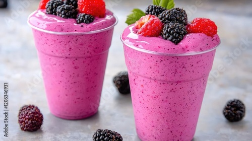 Delicious berry smoothie, summer refreshment, kitchen counter, healthy lifestyle, food blog use photo