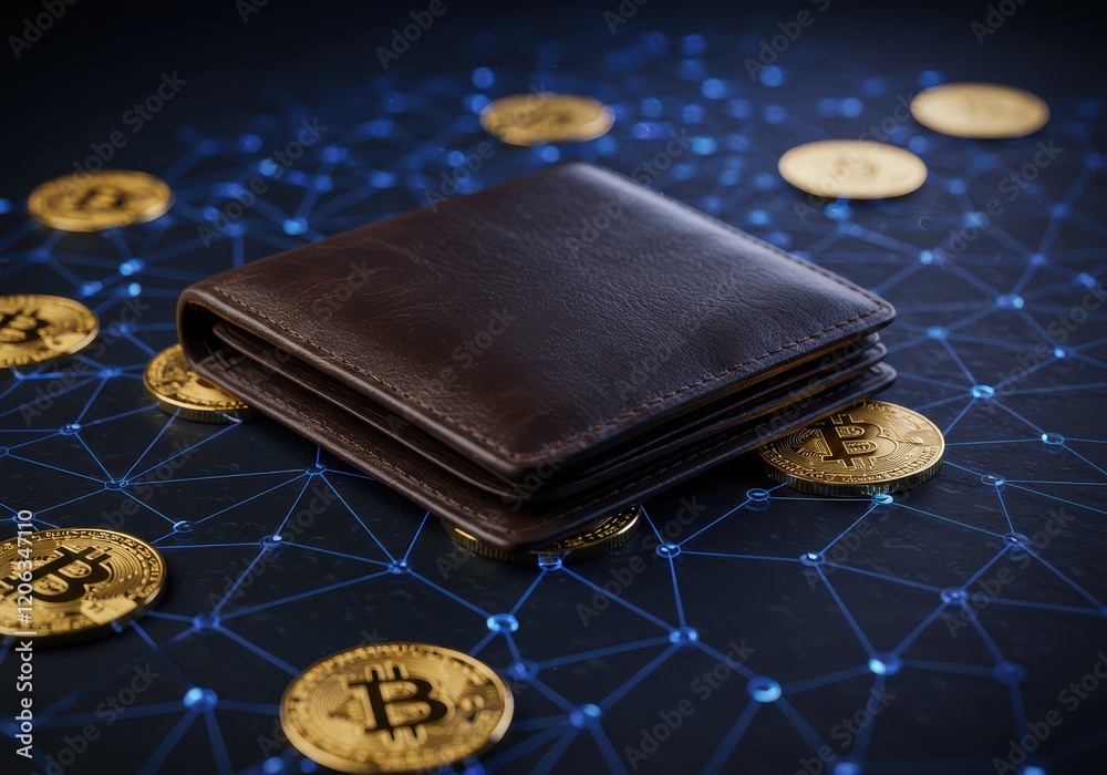 Digital wallet with bitcoins, against the background of virtual space Digital wallet with bitcoins, against the background of virtual space