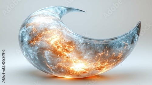 This is an artistic representation of a 3D abstract shape resembling a crescent, featuring vibrant colors and textures reminiscent of cosmic phenomena.