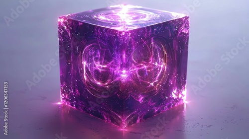 A stunning 3D purple cube with swirling cosmic patterns, radiating vibrant energy and light effects, showcasing modern artistic design.