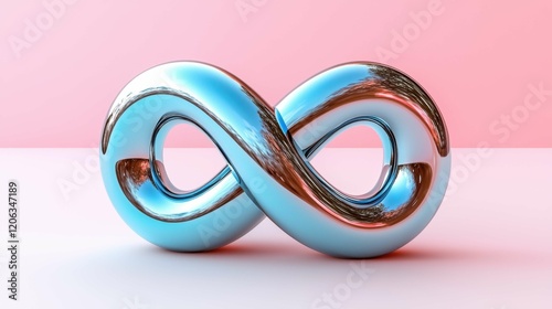 This 3D image features a shiny, metallic infinity symbol against a pastel pink background, showcasing modern design and geometric shapes.