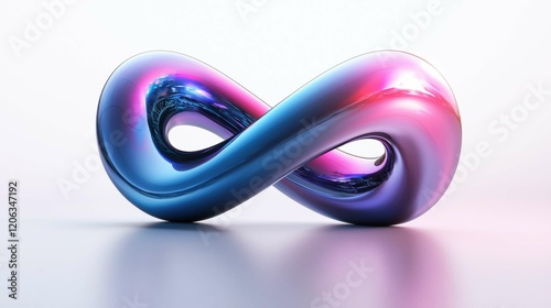 A vibrant and dynamic 3D sculpture shaped like an infinity symbol, showcasing smooth, reflective surfaces with a blend of blue and pink hues.