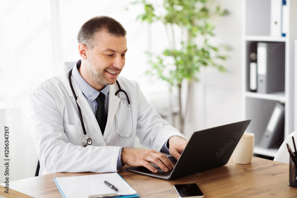 Doing Research Concept. Portrait of smiling middle aged specialist physician using computer laptop, typing on keyboard, sitting at table in hospital, giving online consulation, telemedicine Doing Research Concept. Portrait of smiling middle aged specialist physician using computer laptop, typing on keyboard, sitting at table in hospital, giving online consulation, telemedicine