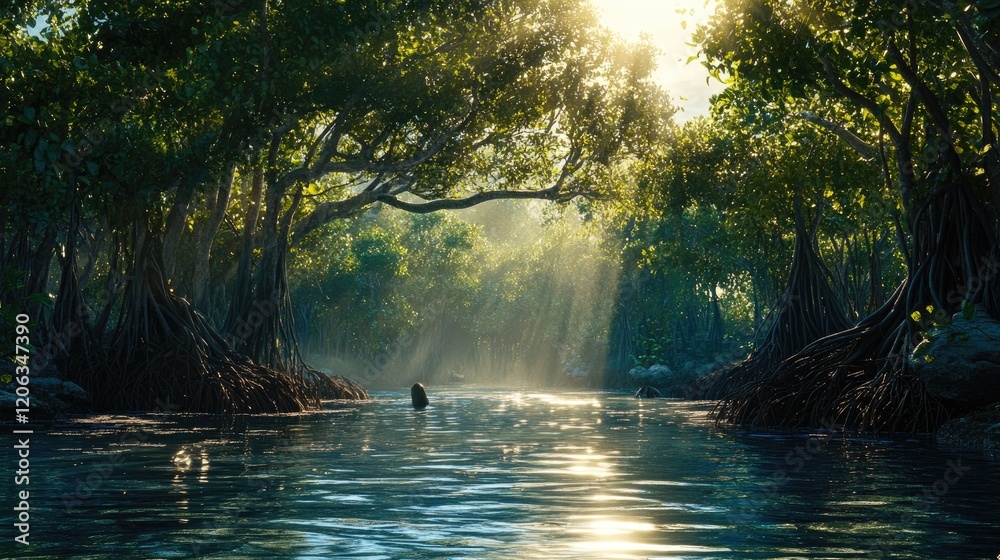 Sunlit Mangrove Forest River Scene Tranquil Nature Sunlit Mangrove Forest River Scene Tranquil Nature