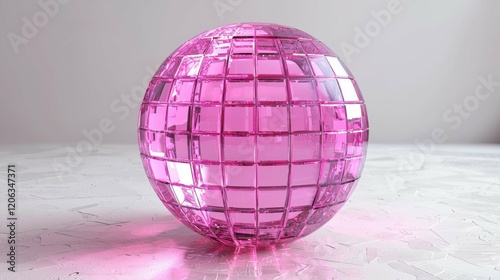 A vibrant pink glass sphere designed with a geometric grid pattern, reflecting light beautifully in a modern artistic style.