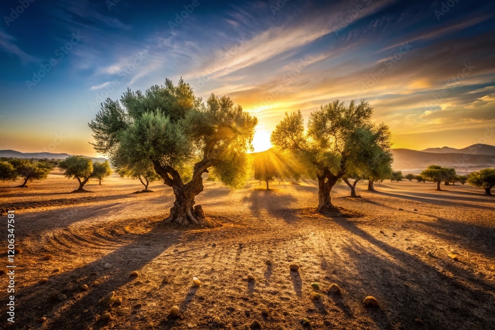 Naklejka premium Silhouette of Scattered Olive Trees on Arid Moroccan Plain at Sunset