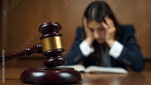 Close up of judge's gavel on desk, with lawyer or attorney meeting with group of angry complaining clients in background, giving legal consultation, helping with problem in court. Law services concept photo