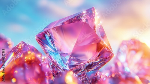 A close-up of a beautifully shaped pink crystal, reflecting light in a vibrant, artistic display against a dreamy blue and orange background.