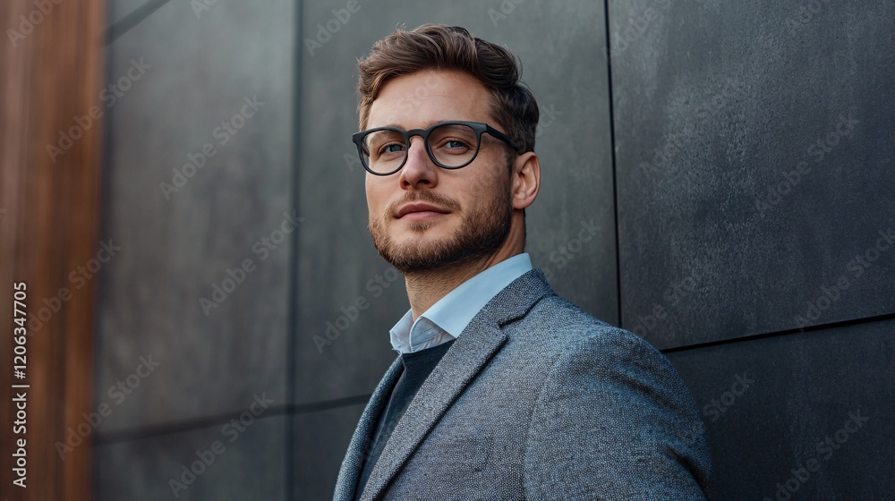 Fototapeta premium Confident businessman leaning against wall, wearing glasses and suit