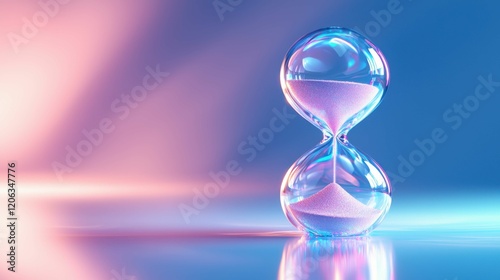 An artistic representation of a transparent hourglass filled with sand, set against a colorful, gradient background. It evokes a sense of time flowing.