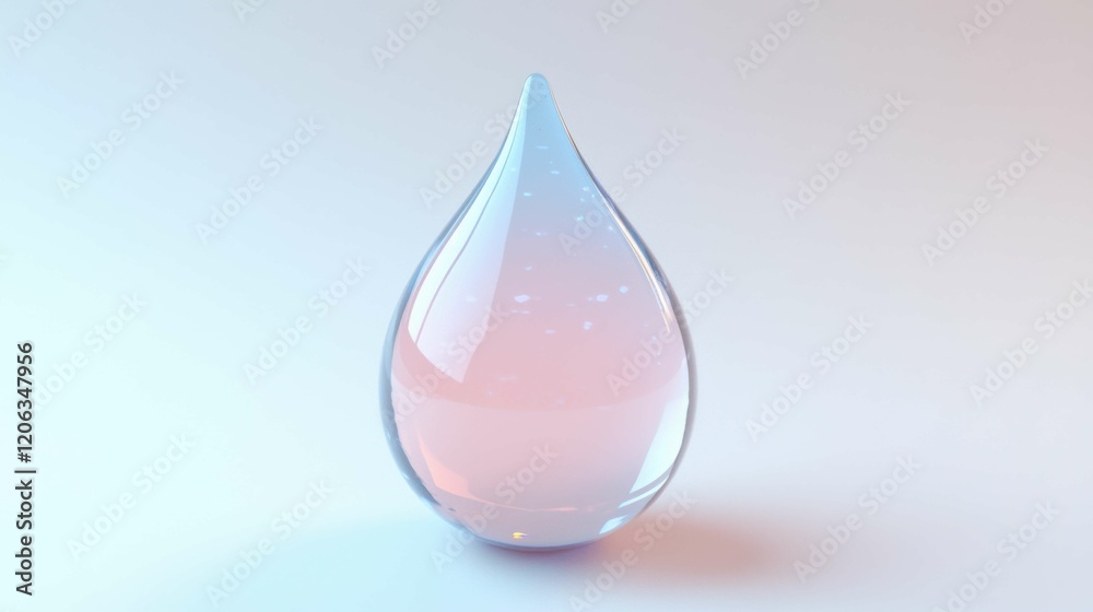 A glass object shaped like a droplet with a smooth surface. The drop is lightly tinted pink and sits on a soft gradient background, creating a serene atmosphere. A glass object shaped like a droplet with a smooth surface. The drop is lightly tinted pink and sits on a soft gradient background, creating a serene atmosphere.
