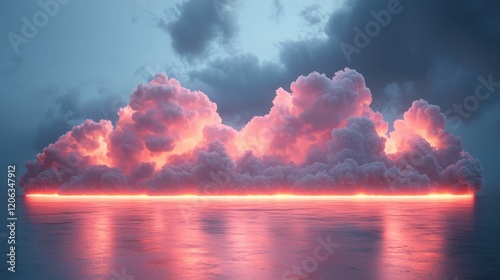 This beautiful image showcases vibrant pink and purple clouds illuminated by sunset, reflected on calm ocean waters underneath.