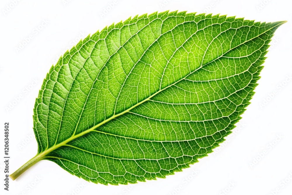 Obraz premium Single Green Leaf Isolated on White Background, Botanical Plant Leaf, Nature Photography