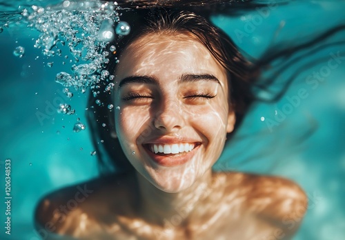 Happy young woman swimming underwater