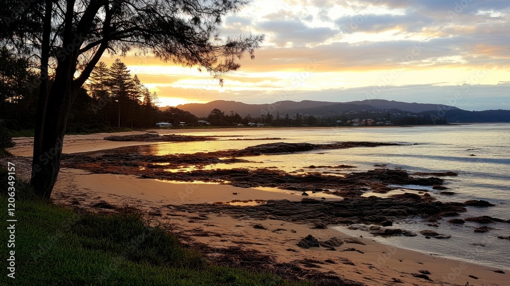 Serene Coastal Sunset Beachscape With Rocks and Trees Serene Coastal Sunset Beachscape With Rocks and Trees