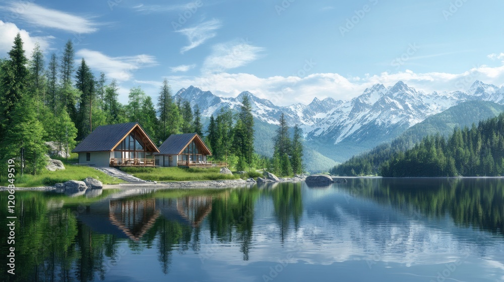 Fototapeta premium Mountain lake cabins nestled amongst the trees and snow capped peaks
