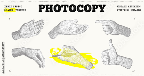 Set of stippling images of hands. Retro style illustration