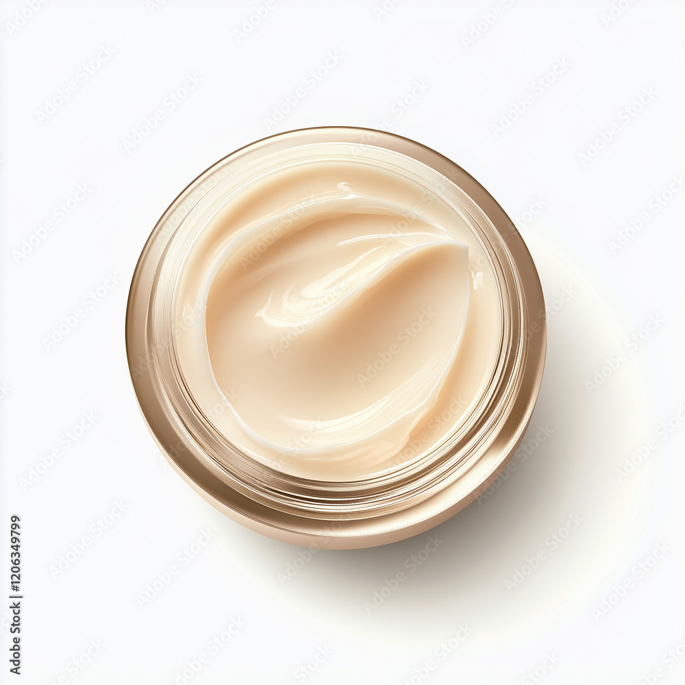 Cream with a smooth, thick creamy white texture in an open jar on a white background. Top view Cream with a smooth, thick creamy white texture in an open jar on a white background. Top view