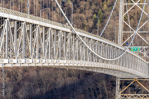 Bear Mountain Bridge, gray structural steel, located in the Hudson River valley, New York state.	 photo