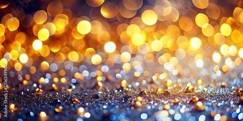 Sparkling Glitter Bokeh Background, Festive Shimmering Texture, Abstract Gold and Silver Lights