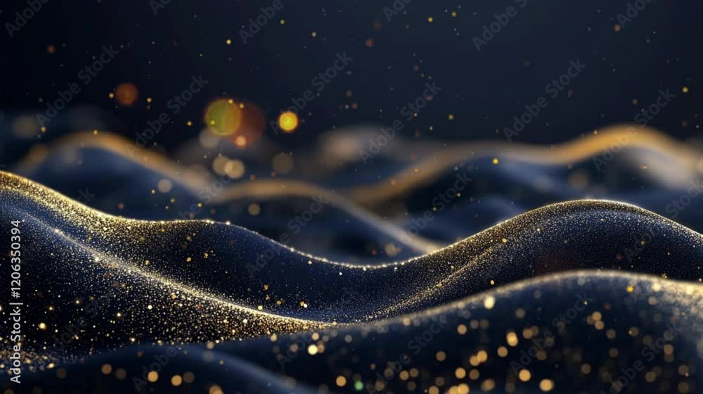Gold and navy glow abstract particles with bokeh video footage copy space advertisement.
