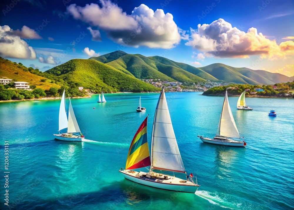 Naklejka premium St. Thomas Sailboats: Caribbean Island Seascape with Mountain Background