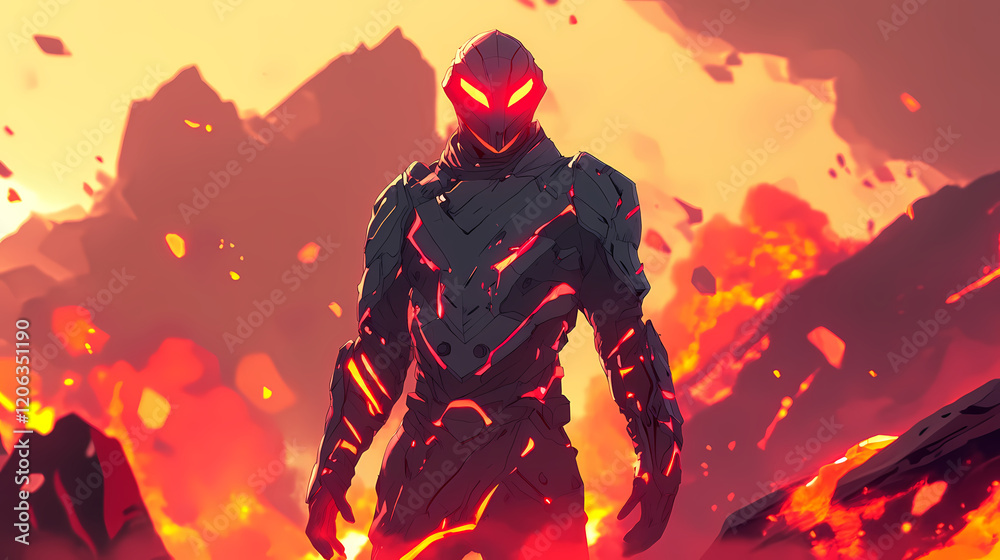 Hero with glowing red eyes stands tall in obsidian armor surrounded by flames and molten cracks in a fiery landscape. generative ai. Obsidian Tower. Illustration Hero with glowing red eyes stands tall in obsidian armor surrounded by flames and molten cracks in a fiery landscape. generative ai. Obsidian Tower. Illustration