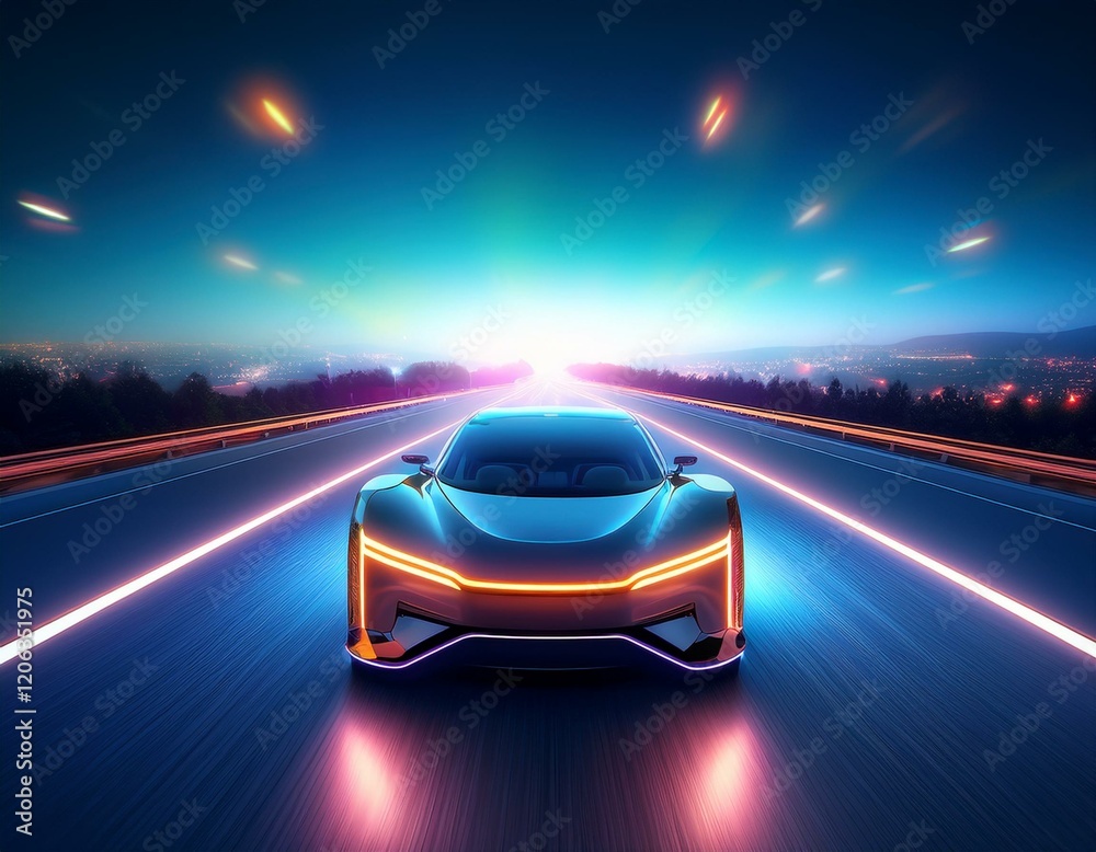 Naklejka premium A self-driving electric car with glowing lights traveling on a neon highway at night
