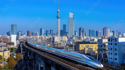 Shinkansen bullet train travels through Tokyo cityscape