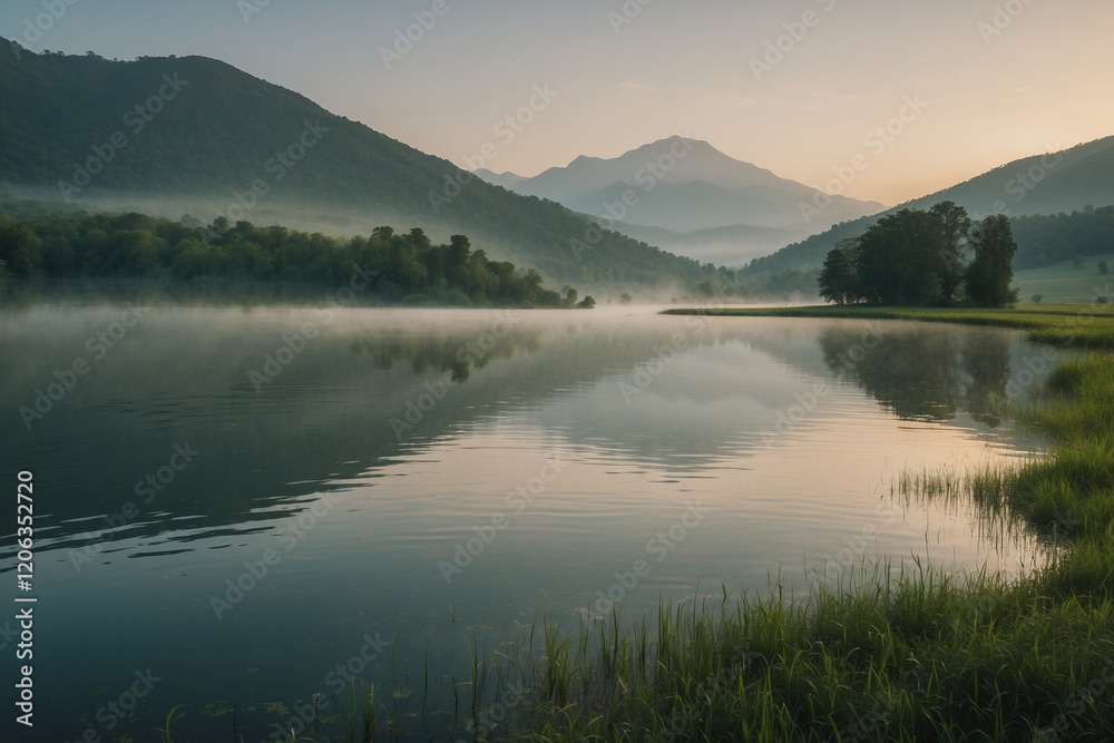 Quiet lake reflecting sunrise hues, lush green fields, soft mist, hazy mountains, peaceful morning atmosphere Quiet lake reflecting sunrise hues, lush green fields, soft mist, hazy mountains, peaceful morning atmosphere
