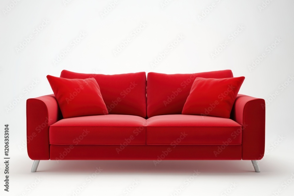 A clean and sleek soft red modern sofa with a minimalist design, featuring two red pillows placed symmetrically in the seating area. A clean and sleek soft red modern sofa with a minimalist design, featuring two red pillows placed symmetrically in the seating area.