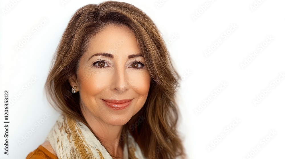 A woman with long brown hair smiles warmly while wearing a patterned scarf. The soft background and her friendly expression create an inviting atmosphere A woman with long brown hair smiles warmly while wearing a patterned scarf. The soft background and her friendly expression create an inviting atmosphere