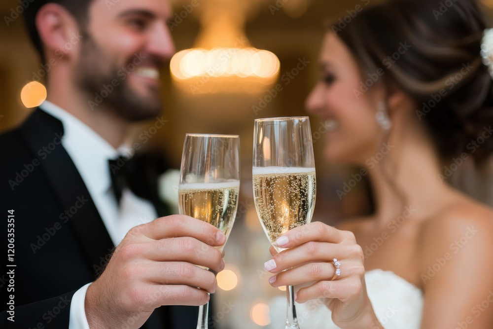 A joyful couple shares a celebratory moment, raising their champagne glasses during a beautifully decorated event, encapsulating love and happiness in the air. A joyful couple shares a celebratory moment, raising their champagne glasses during a beautifully decorated event, encapsulating love and happiness in the air.