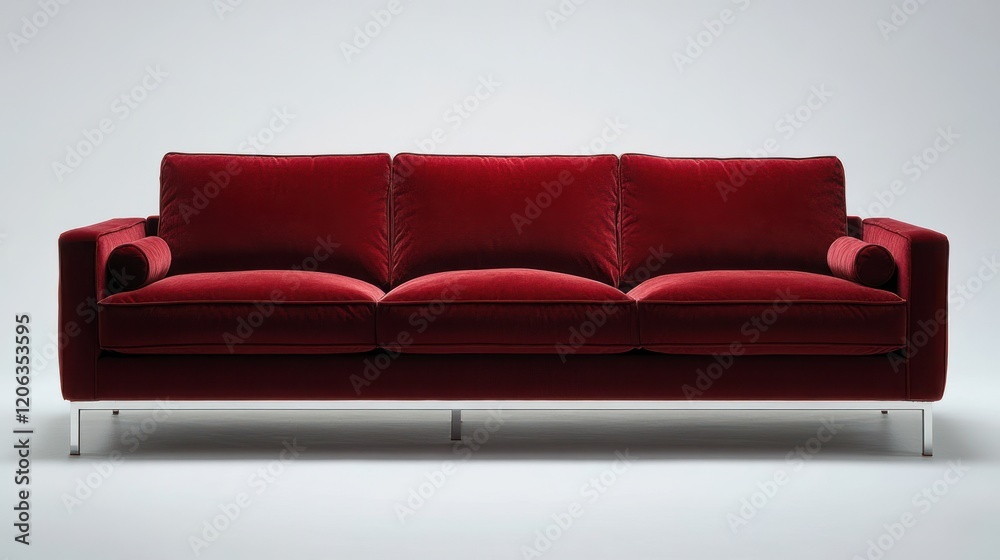 A modern minimalist sofa with sleek, polished metal legs and luxurious maroon fabric, designed with clean, elegant lines. A modern minimalist sofa with sleek, polished metal legs and luxurious maroon fabric, designed with clean, elegant lines.