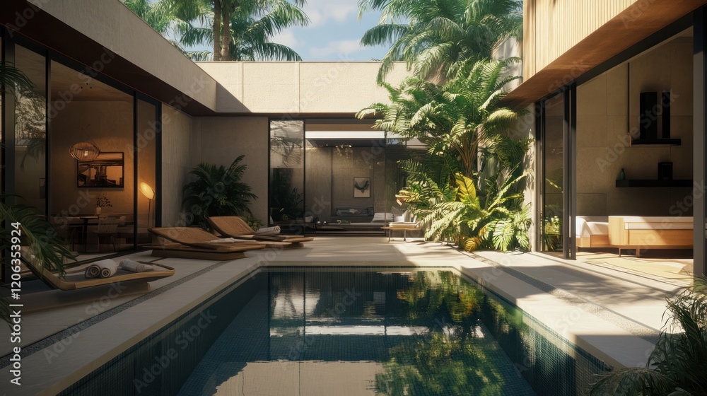 Fototapeta premium A modern villa with a pool and garden, featuring minimalist architecture on a sunny day.