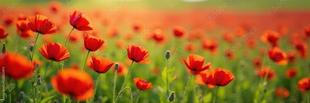 Rows of bright red poppies swaying in the breeze, grass, flowers, flowers Rows of bright red poppies swaying in the breeze, grass, flowers, flowers