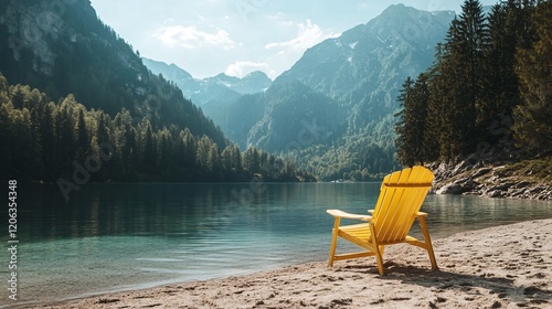 Yellow adirondack chair invites relaxation by a serene mountain lake