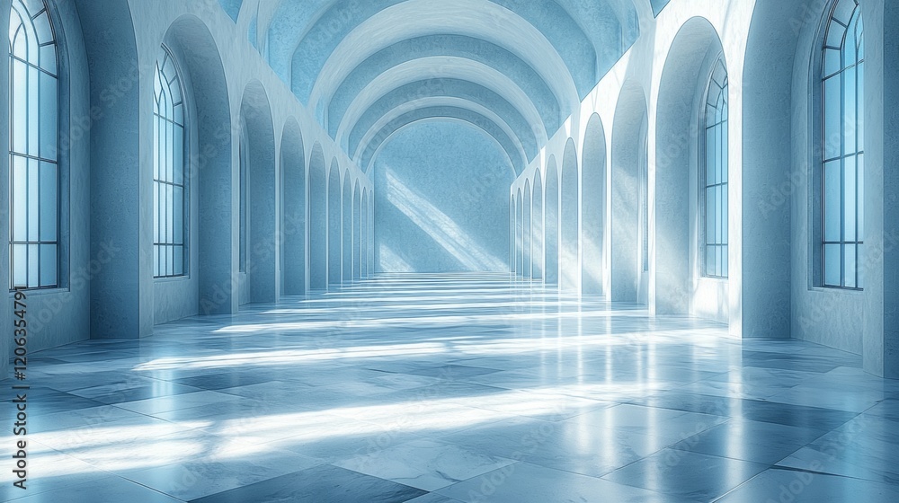Obraz premium Sunlit White Arched Hallway with Reflections