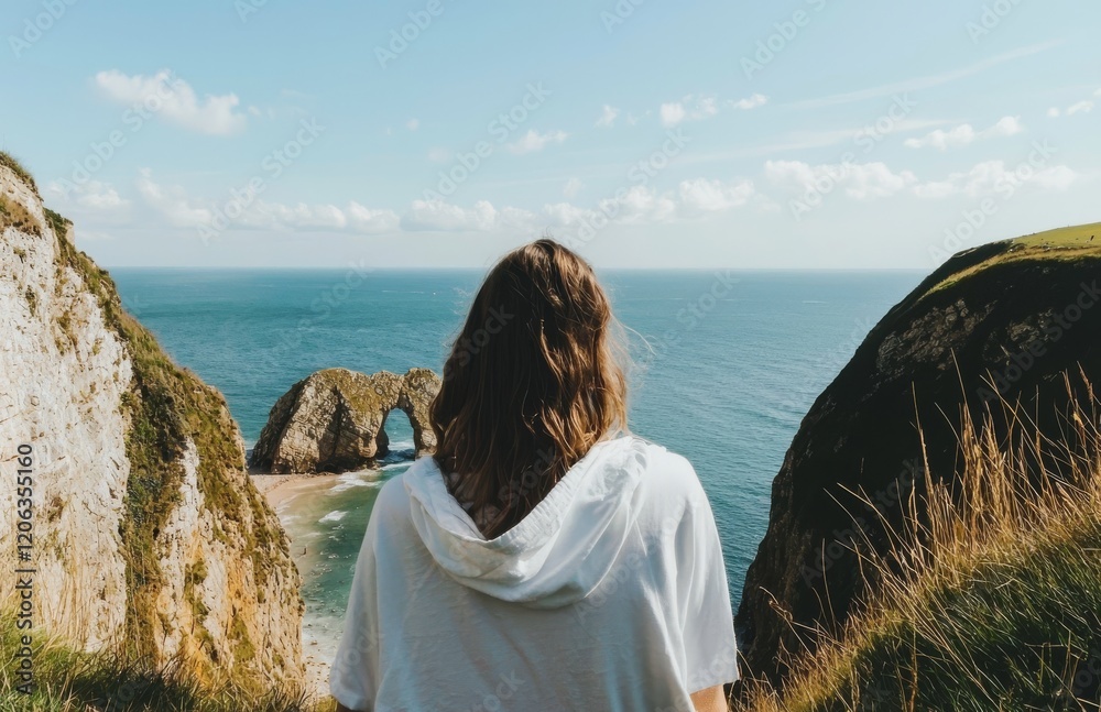 Serene Seaside View with Person Overlooking Coastal Landscape and Rock Arch Formation Serene Seaside View with Person Overlooking Coastal Landscape and Rock Arch Formation