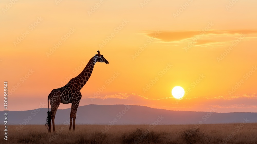 Obraz premium Majestic giraffe silhouetted against a breathtaking sunset landscape
