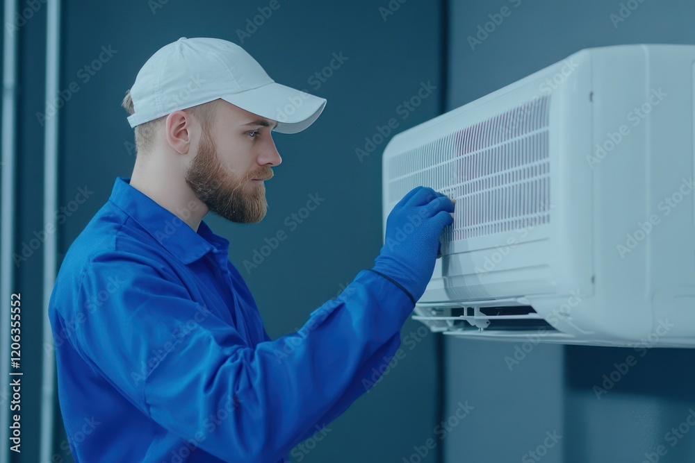 A young air conditioning technician in a blue uniform and white cap is working on a modern wall A young air conditioning technician in a blue uniform and white cap is working on a modern wall