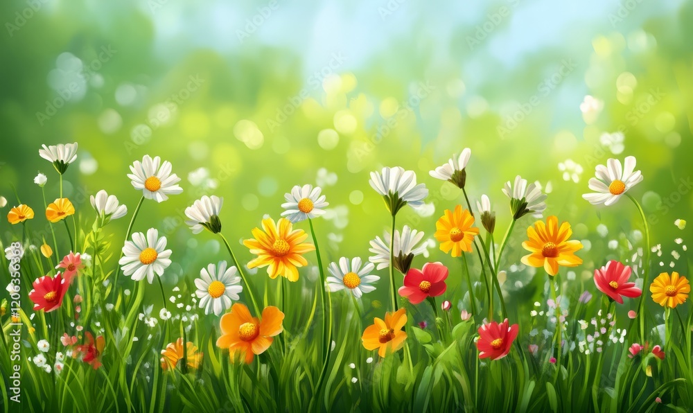 Fototapeta premium A vibrant green meadow with a variety of wildflowers swaying gently in the breeze, wildflower meadow, floral arrangement, botanical garden, colorful flowers