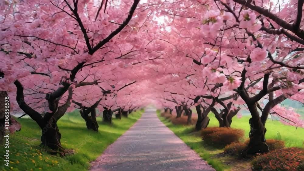 A serene pathway lined with blooming cherry blossoms, creating a tranquil and vibrant atmosphere in a lush spring setting. A serene pathway lined with blooming cherry blossoms, creating a tranquil and vibrant atmosphere in a lush spring setting.