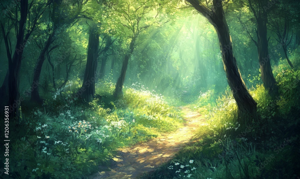 Naklejka premium A winding trail leading through a dense forest with dappled sunlight, trail, spring, dappled sunlight, wilderness, forest