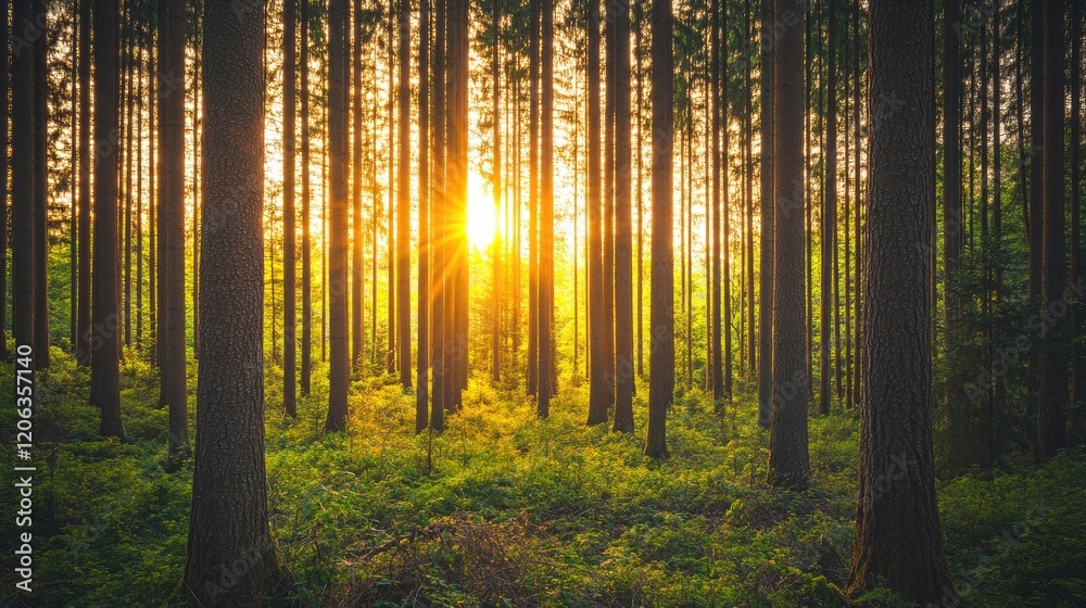 Obraz premium Golden Sunset Rays Illuminating a Dense Pine Forest
