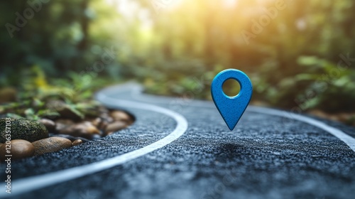Blue GPS Pin on Winding Path Journey, Navigation, Destination Concept