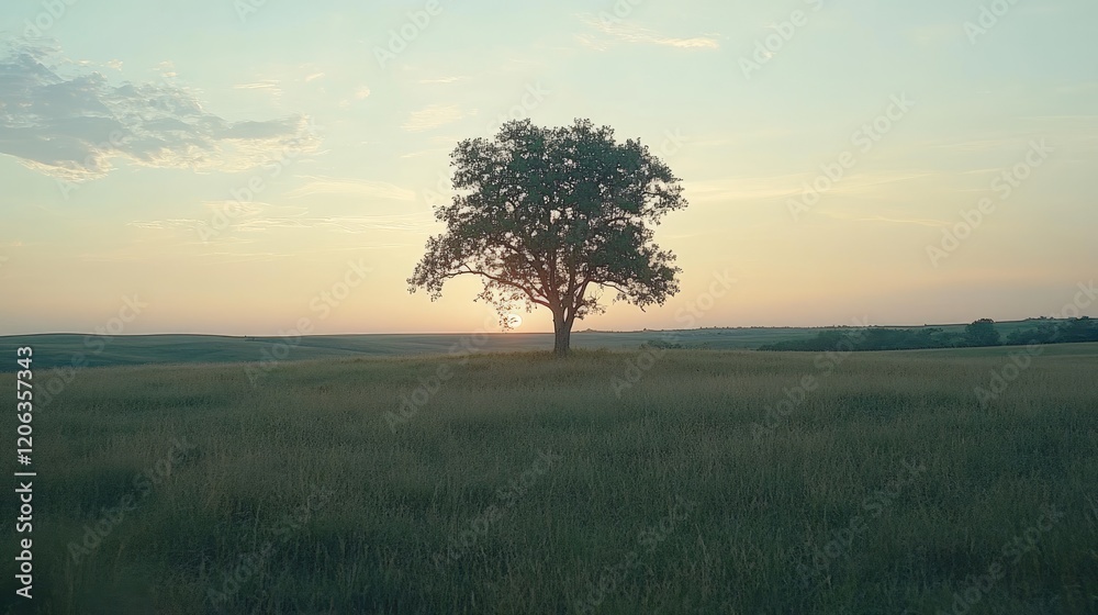 Solitary Tree in a Vast Grassy Field at Sunset Solitary Tree in a Vast Grassy Field at Sunset
