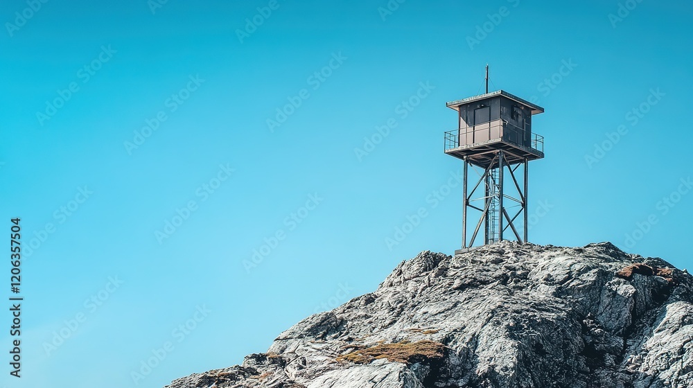 A solitary lookout tower stands atop a rocky mountain peak A solitary lookout tower stands atop a rocky mountain peak