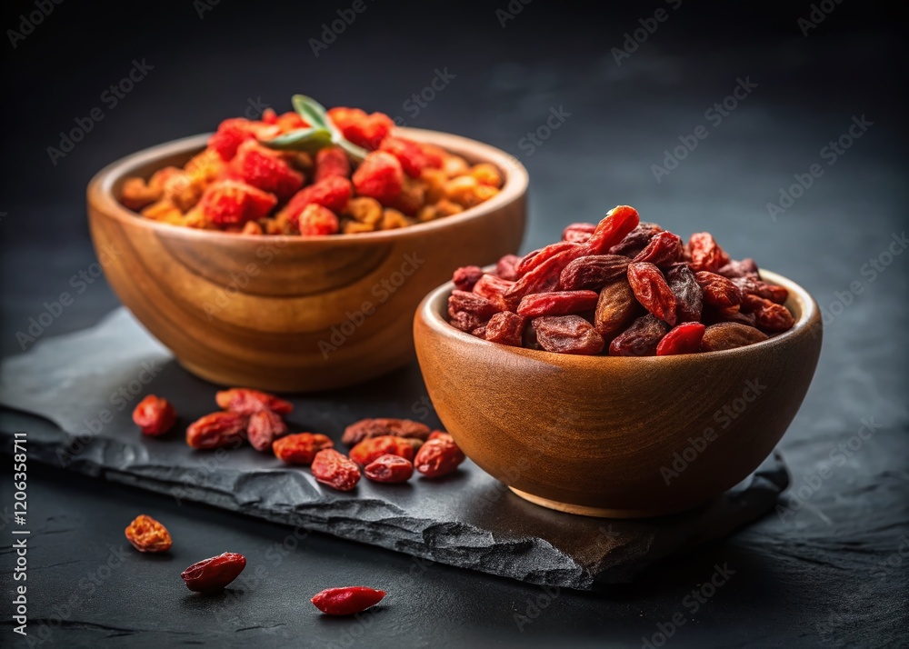 Tilt-Shift Photo: Goji Berries and Grapes in Curved Bowls Tilt-Shift Photo: Goji Berries and Grapes in Curved Bowls