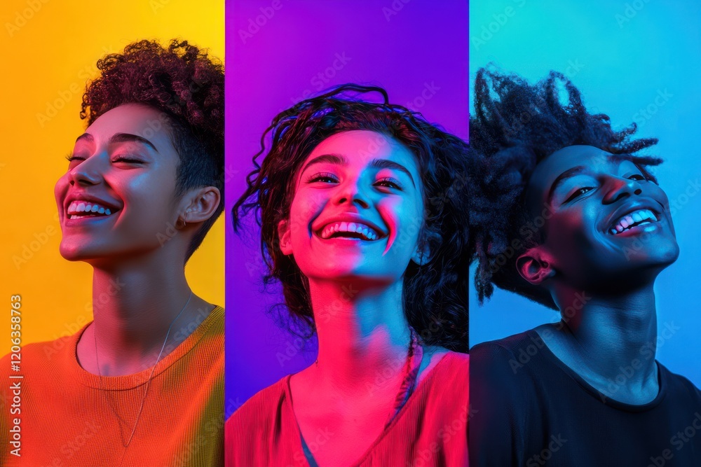 Obraz premium Photograph of smiling young people with diverse ethnicities in neon lighting, split into multiple images, captured from various angles, with a colorful background.